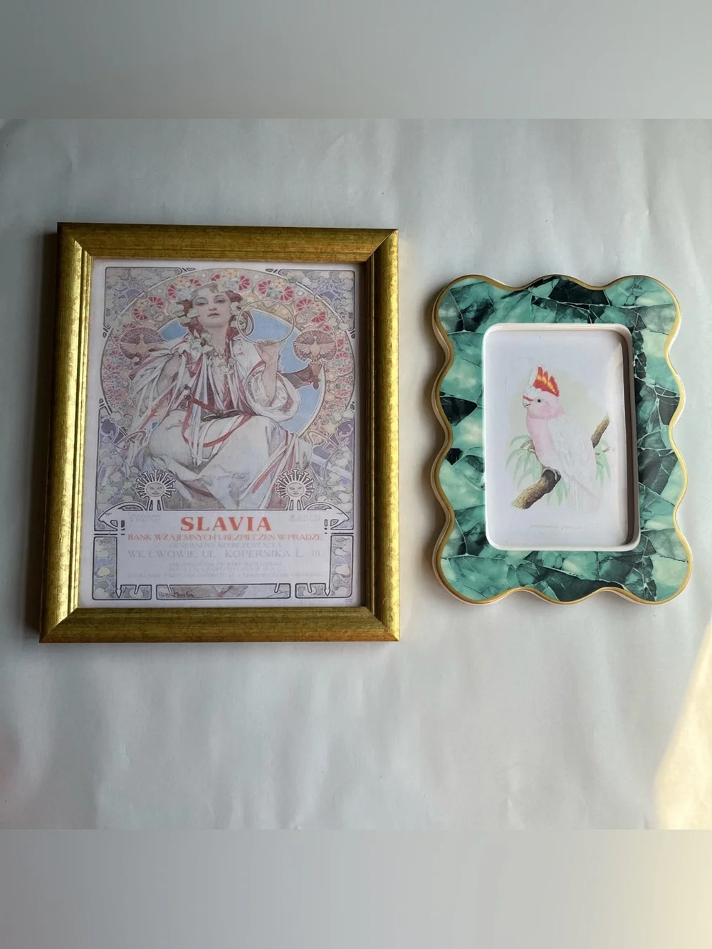 Vintage Mixed Matls Wood & Ceramic Frames w/ Fine Art Prints-Set of 2